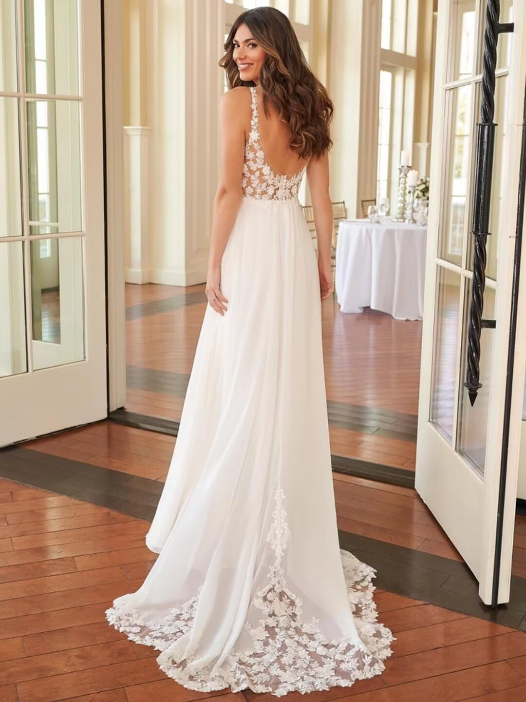 Lace Beach Wedding Dresses for Bride 2022 with Sleeves Long Train Boho Split Sheer Beach Bridal Gowns for Women